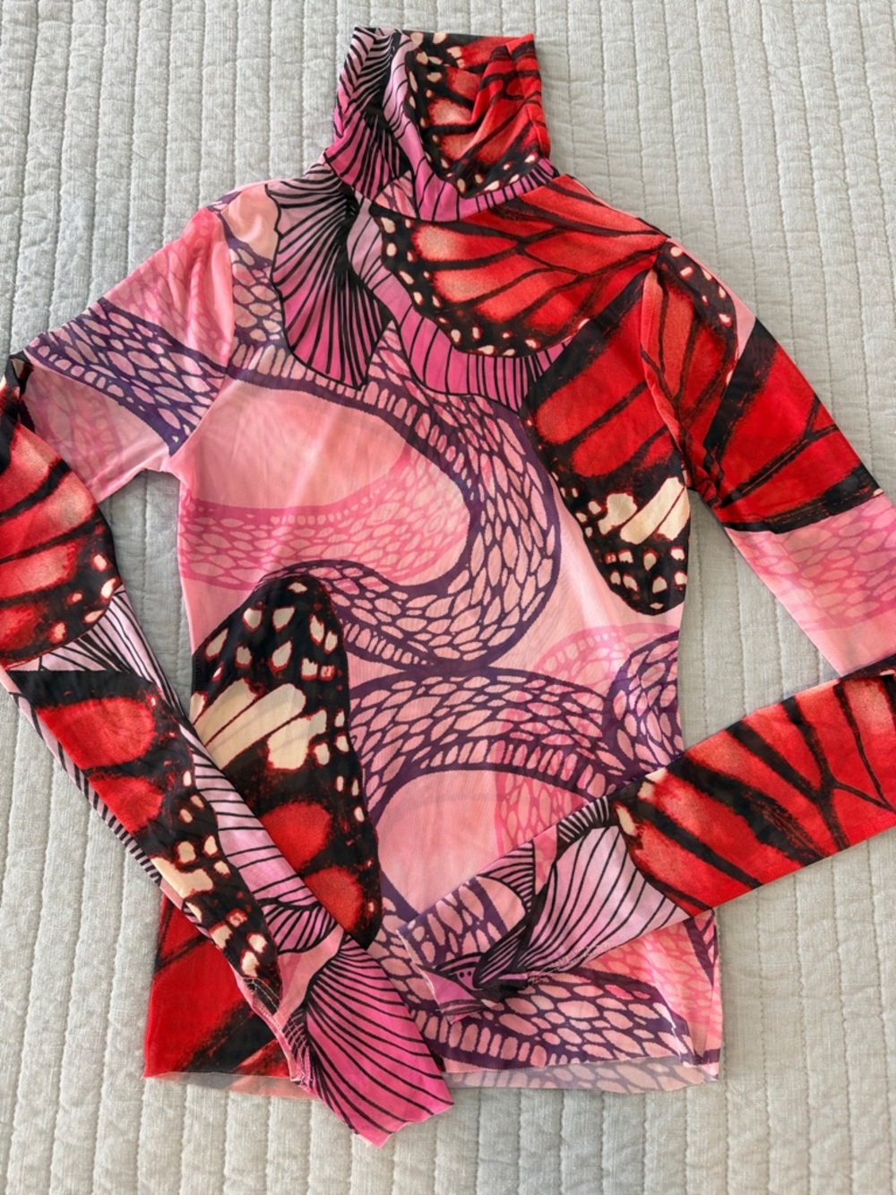 Women's Pink & Red Butterfly Print Turtleneck Top — Sheer Stretch Blouse
